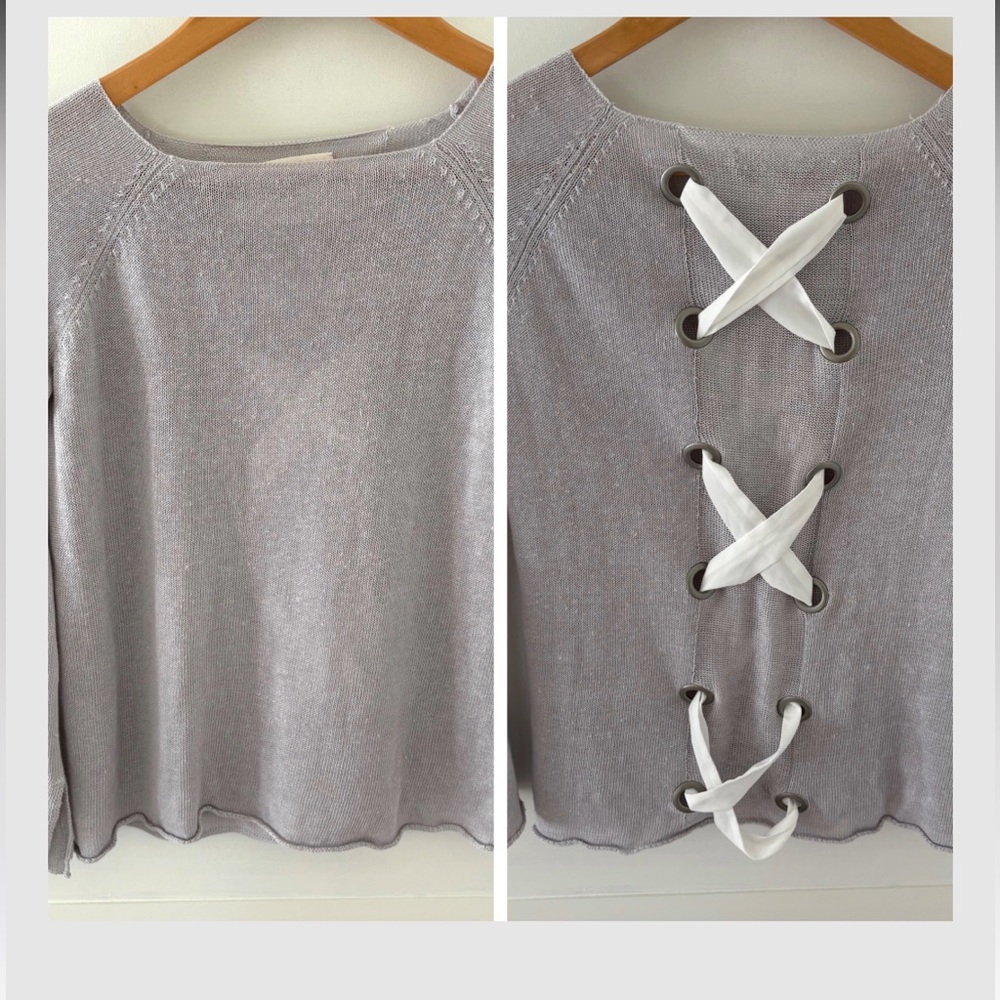 Lisa Todd Linen Silver Gray Lace Up Back Sweater. Size XS.